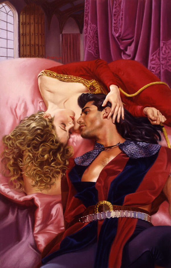 the full color art features Fabio with dark hair and a hell of a jawline wearing ared and purple doublet while a woman in a pink gown seems to be draped over his head?