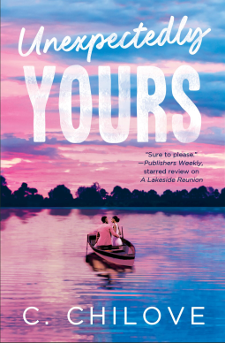 Unexpectedly Yours by C Chilove - an illustration of two people in a canoe with a sky and reflection in the water that's pink, light blue and white