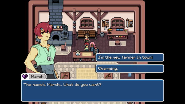 A pixel game. The scene is off a blacksmith's forge with a dialogue box open. A red haired man wearing a green sleeveless shirt, a headband, and a blacksmith's apron is asking what do you want.