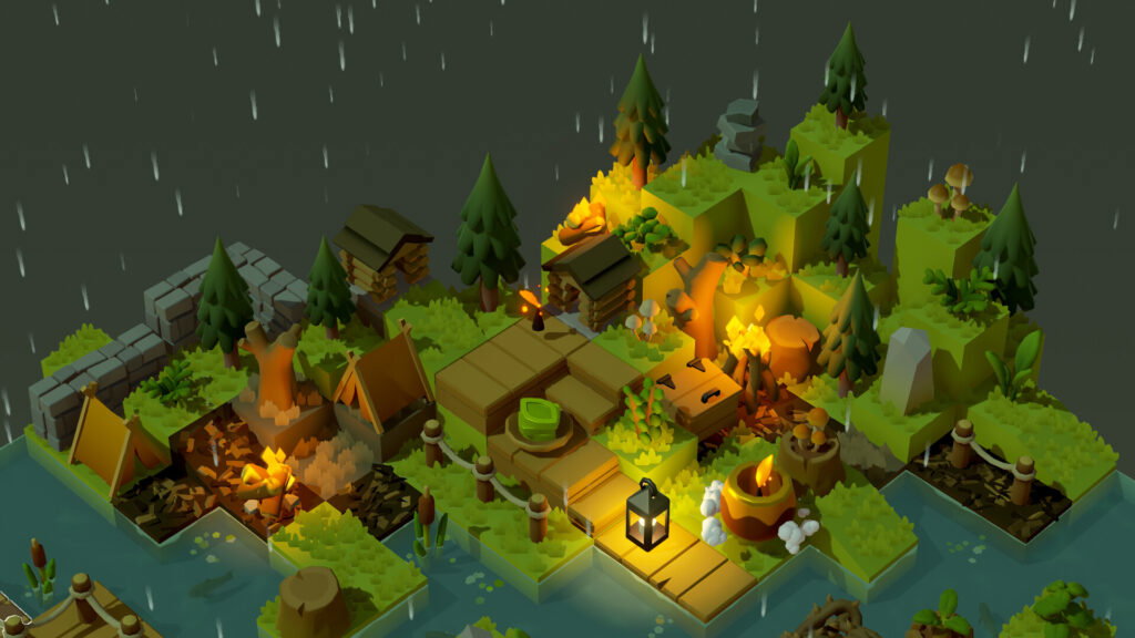 An image of a rainy forest with a campsite. Everything is blocky and modular and made up of interlocking tiles.