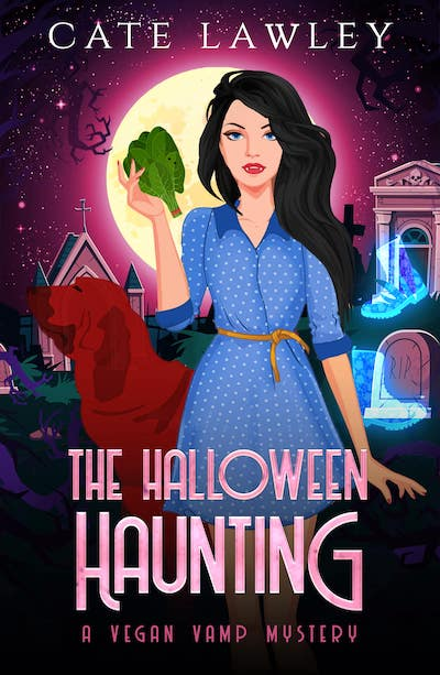 The Halloween Haunting by Cate Lawley. An illustrated cover. A woman with dark hair in a blue dress with white polka dotes is holding a bunch of spinach. She has red lips and fangs. A bloodhound dog is peeking out behind her. On the left side is the image of house and on the right side is a headstone with glowing blue boots stomping around.