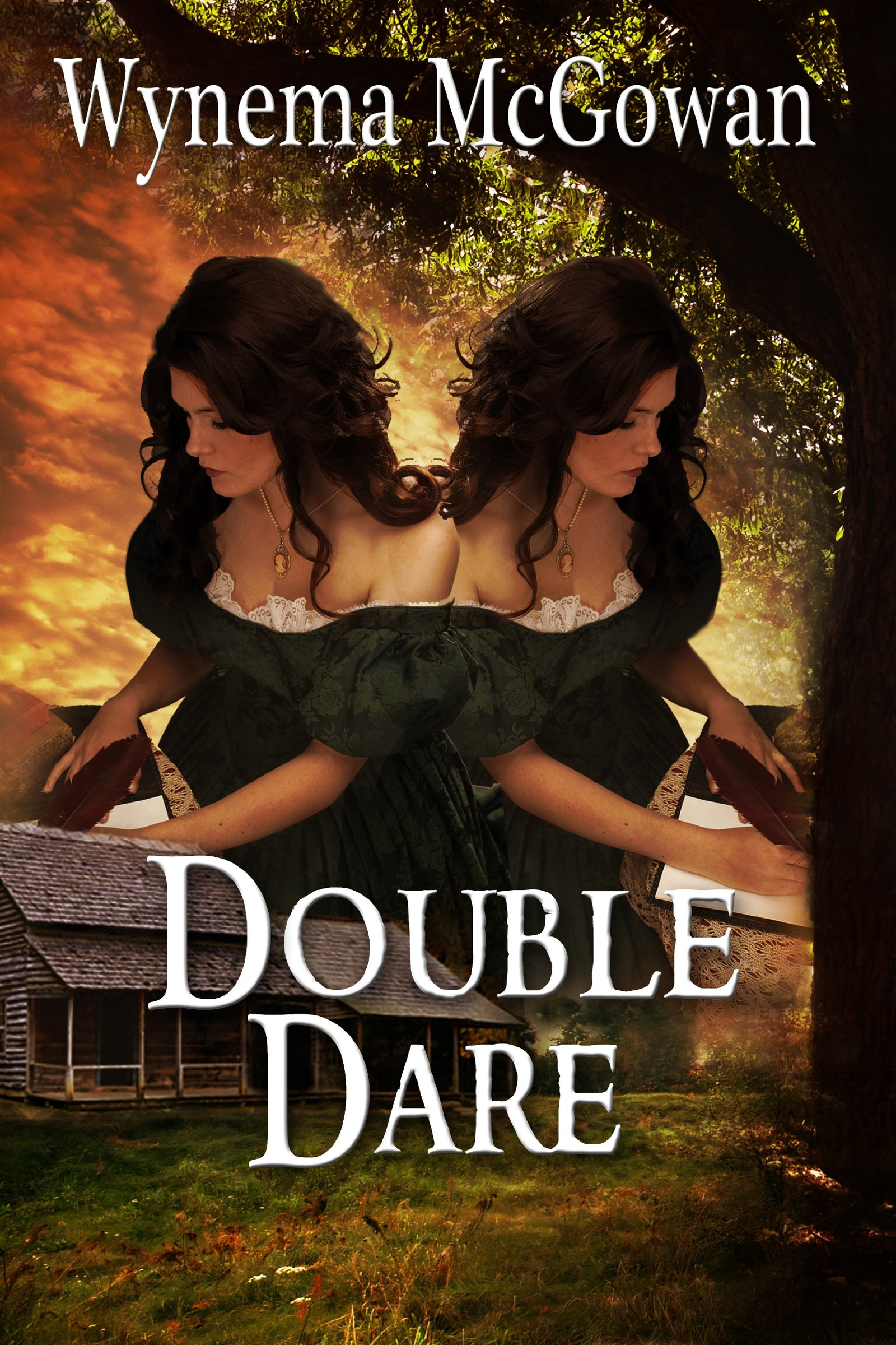 Double Dare by Wynema McGowan. The bottom half of the cover is an older looking wooden house with a porch and a large tree. The orange sky is filled with the image of woman setting at a desk and writing in a journal. She is wearing a dark green, off the shoulder dress. However the woman is copied and flipped vertically and image makes it look like the two woman are joined at the shoulder.
