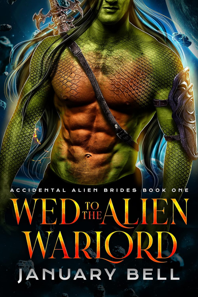 Wed to the Alien Warlord by January Bell. A headless and shirtless green, well-abbed man with scales. He has long, green hair and a leather strap across his chest. The title is in bright red and orange. 