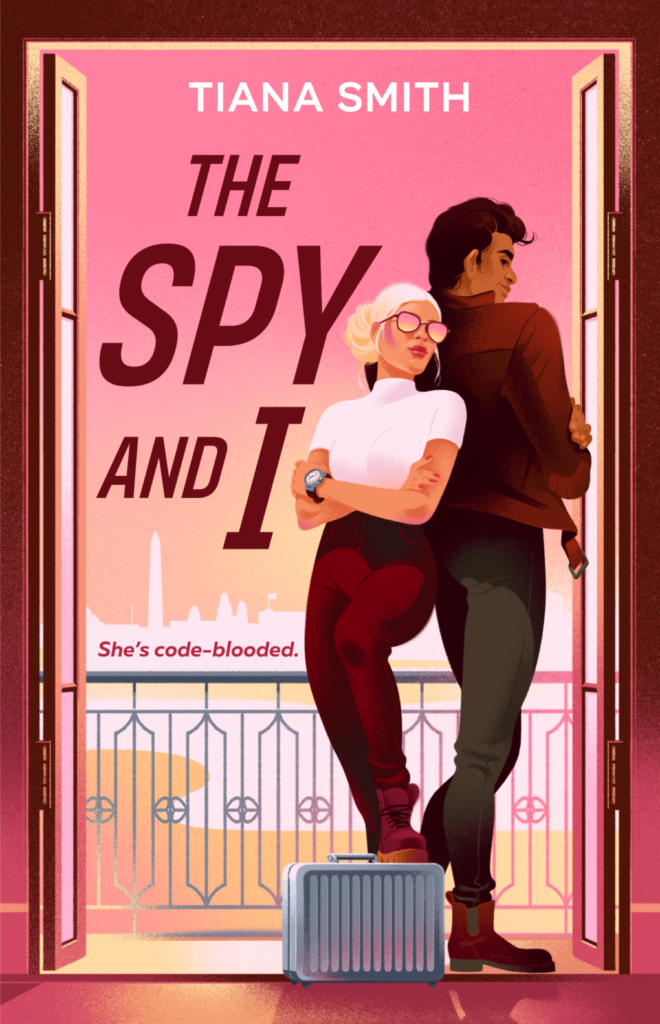 The Spy and I by Tiana Smith. Lots of pinks, peaches, and brownish reds! A couple is back to back on a balcony overlooking a silhouette of the Washington Monument obelisk in D.C. He has dark tan skin and a bit of a slicked back pompadour. He's wearing dark gray jeans and a burgundy leather jacket. She has platinum blonde hair pulled into a bun and light tan skin. Her arms are crossed over her chest. She has on glasses, a white short sleeve turtleneck and red pants. A briefcase rests at their feet. 