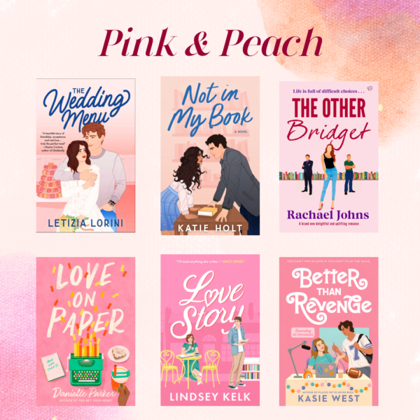A set of six covers, each with a pink or peach background, with Pink and Peach at the top 