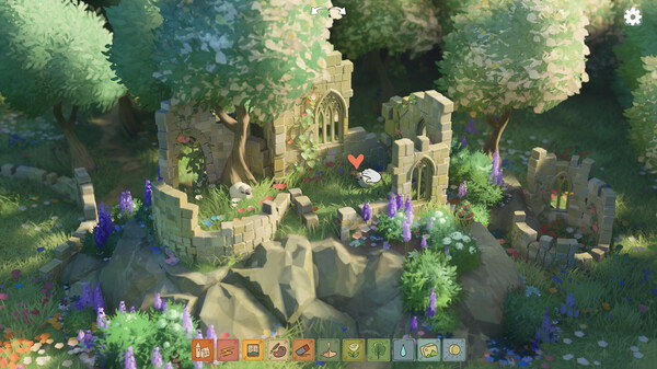 A screen shot of the crumbling stone ruins of a house or church. It's surrounded by beautiful flowers and two sheep are grazing nearby.