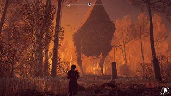 A young woman stands before a large cottage with chicken legs in a dense forest. The sky is a fiery orange, as if at sunset or sunrise. 