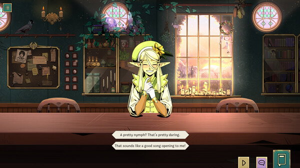 A smiling elven figure dressed in light greens and yellows sits at a wooden countertop. 