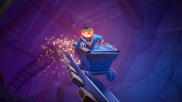 A figure with a Jack 'o' Lantern for a head is riding in a minecart. An owl with glowing purple eyes is following behind him.