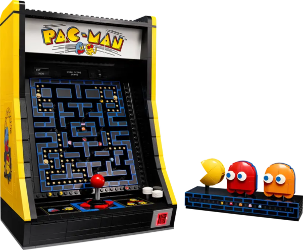 A tabletop lego set that looks like a Pac Man arcade game 