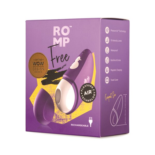 A purple box at an angle that reads ROMP FREE and shows a picture of a purple clitoral stimulation device with a white top