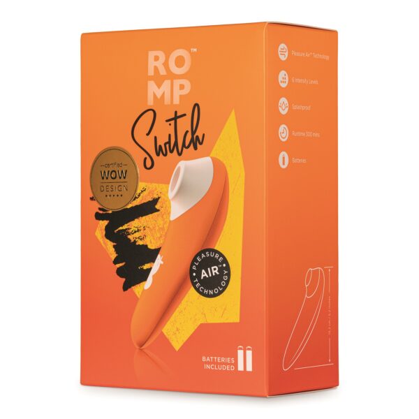 An orange box at an angle with an orange clitoral stimulator with a white top