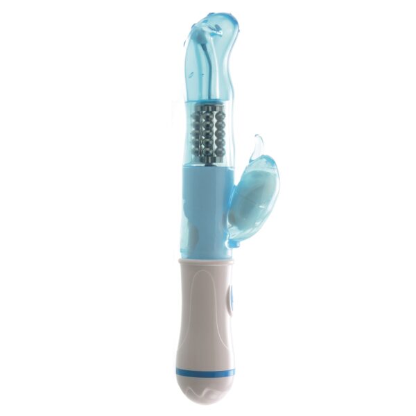 A blue translucent vibrator with rotating metal beads in the shaft and a small clitoral stimulator on the side. The base is white.