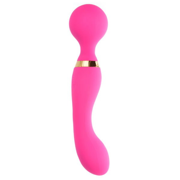 A pink silicone vibrator with a ball-shaped end and a longer, curvy dildo shaped end. It has a gold band in the center.