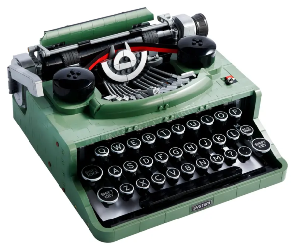 A lego set of a bluegreen typewriter with moving keys