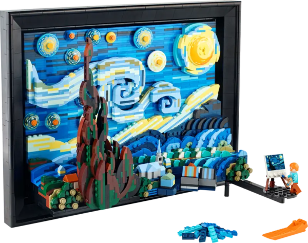 A semi-three-d lego rendering of Starry Night with a small path leading to a minifigure of Van Gogh painting it, as if he's looking out a giant window at the original scene 