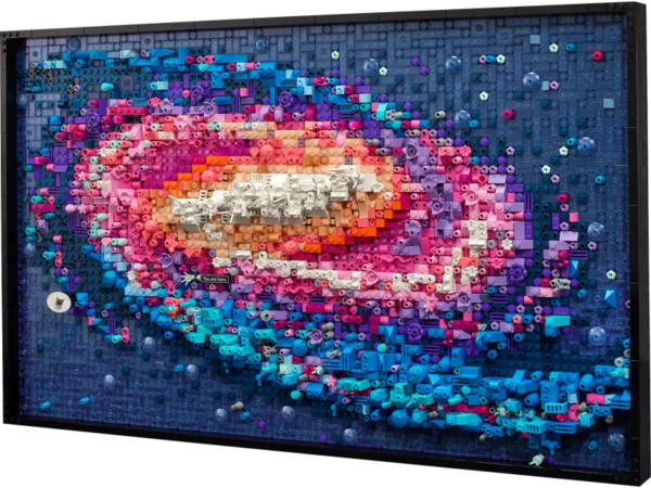 The milky way in shades of purple, orange and blue in different small Legos inside a frame 