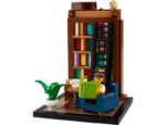 Books are my Passion; a little brown haired minifigure in glasses is seated in a tiny library with a bookcase