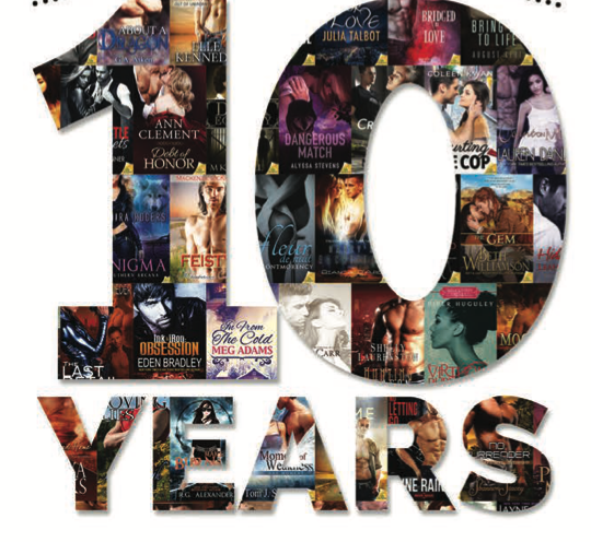 A close up of the 10 Years collage - and Piper Huguley's A Virtuous Ruby is the most alluring visually 