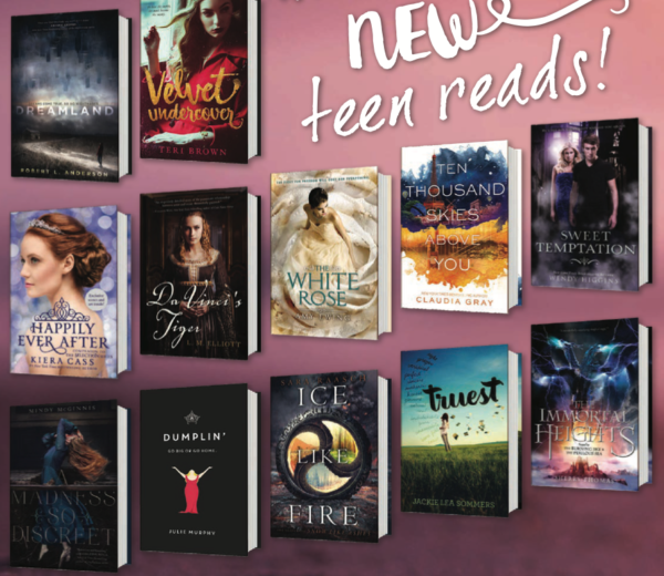 A collage of YA books including Kiera Kass, Claudia Gray, and Dumplin by Julie Murphy 