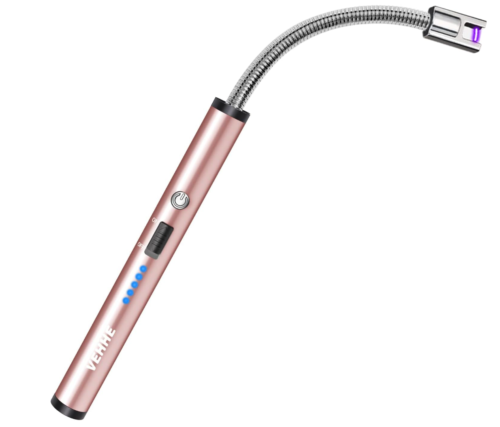 A pink metal rechargeable candle lighter with a shiny pink handle. The top is bent about 90 degrees with a curving neck