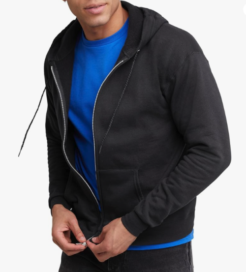 A black hoodie being worn by a model wearing a deep blue shirt. Like a romance novel hero, visible from the lips down. 