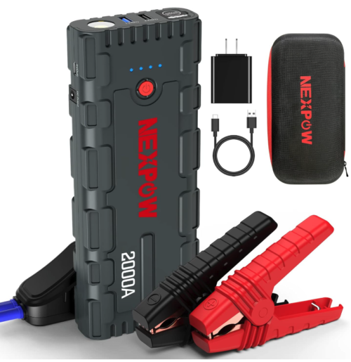 NEXPOW 2000A car jump starter in grey and red with two battery clamps and a carrying case 