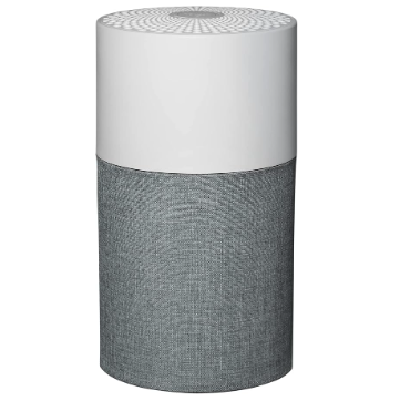 A grey and white hepa filter with vents on the top. It's a cylinder and kinda looks like a Google home speaker, except it's not tapered