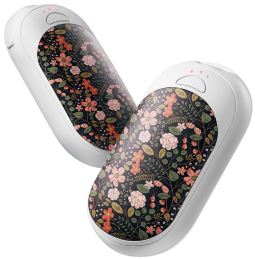 Two rechargeable hand warmers that look sort of like beans, with a black and floral print on one side 
