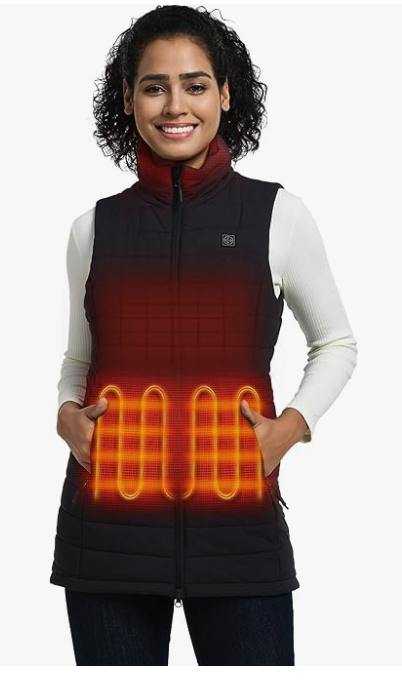 A woman with curly hair and light brown skin is wearing a puffer vest that goes past her hips. There are warm orange wavy lines to indicate where the heating is.