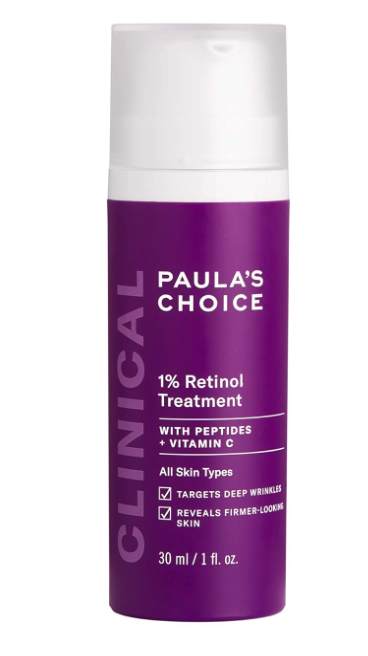 Paula's Choice 1% Retinol Treatment with Peptides and Vitamin C. A cylindrical purple bottle with a white cap