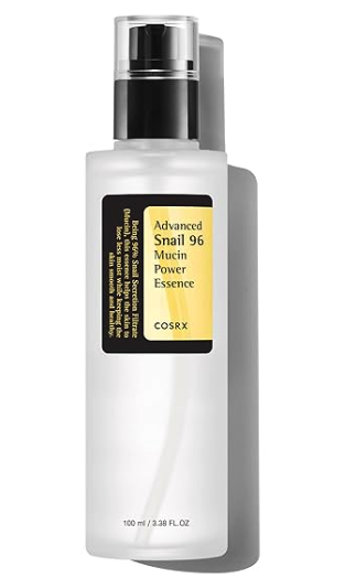 Advanced Snail 96 Mucin Power Essence in a white frosted bottle with a yellow label and a clear plastic cap 