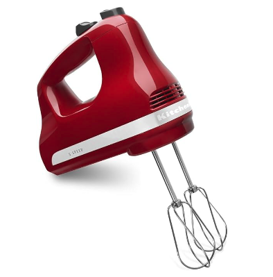 A shiny red hand mixer with two beaters attached