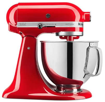 A shiny red stand mixer with a silver bowl 