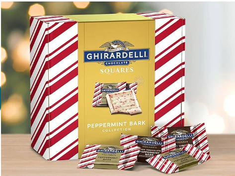 A red and white striped box that says Ghirardelli Chocolate Squares peppermint bark collection on a gold lable
