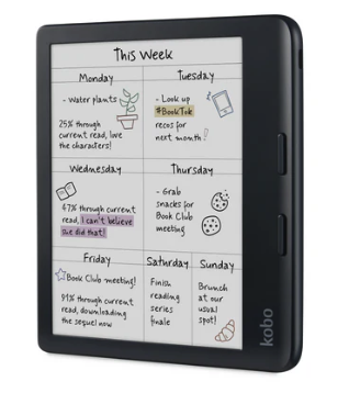 A black Kobo Libra Colour with a black housing and a light eInk display 