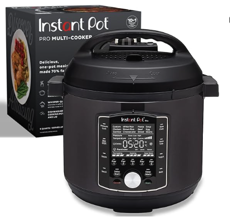 A black Instant Pot 10 in 1 with a black lid and the box behind it 