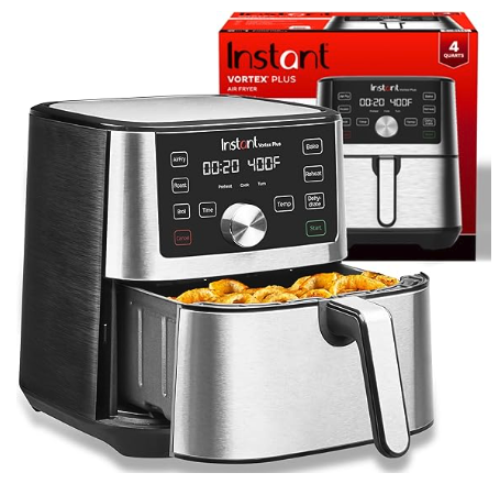 A black and silver air fryer with a big drawer and a silver dial, with a red box behind it 