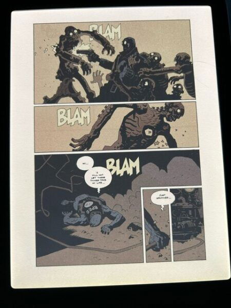 A page from a Hellboy comic showing brown mud creatures slamming into each other. The colors are muted yellow and brown