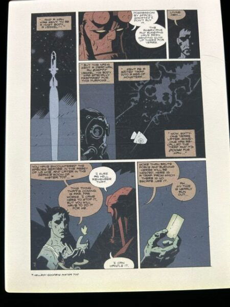 Another page from a Hellboy comic. Hellboy is a muted orange red, most of the panels are black and dark blue, with a grey or lightblue character in the lower corner. All the colors are pretty washed out and muted, almost like a filter has been applied