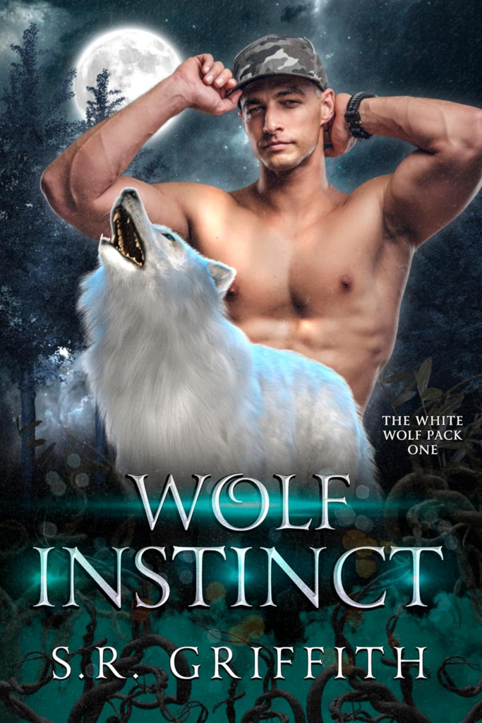 Wolf Instinct by S.R. Griffith. A shirtless man is putting on a camo colored baseball camp. A white wolf his howling at his crotch while full moon rises in the background.
