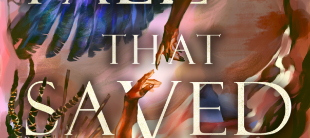 The Fall That Saved Us by Tamara Jeree. This looks like a watercolor renaissance painting. On top is a Black woman with a big head of curls and white horns. She is wearing a red dress and has indigo wings. She is reaching down to grab the hand of another Black woman. Her hair is in dreads with golden bands. She is wearing a light peach dress and wielding a dagger. The background is swirled with pink clouds.