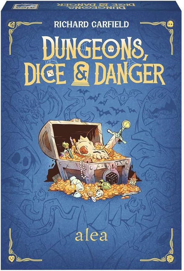 Dungeons Dice and Danger. A blue box with drawings of monsters. In the middle is a giant chest with gold and jewels.