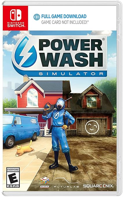 Power Wash Simulator. A person in a hazmat suit standing in front of a dirty house.