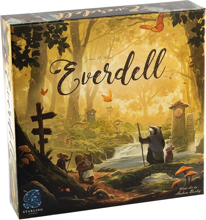 Everdell board game. A cozy, warm scene with an upright badger in clothes looking out into the forest.