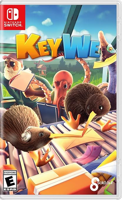 KeyWe Game. Two Kiwi birds on a conveyor belt that has envelopes. An octopus is in the background.