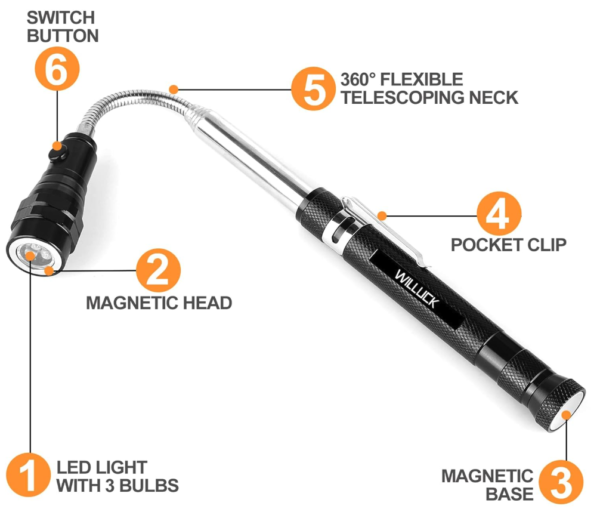 a black and chrome tool with a light and magnets at one end, with a flexible neck leading to a pocket clip and another magnet at the base. The handle says WILLUCK