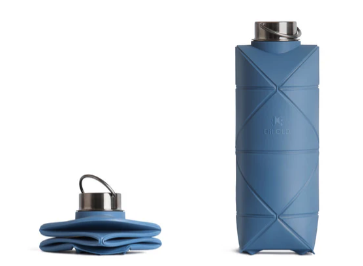 A grey blue water bottle with creases in the body that allow it to fold up accordion style into a very small size. The one on the left is folded up and the right is fully, ahem, extended. 