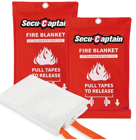 Two red Secu-captain fire blankets in red bags with a grommet at the top for hanging. 