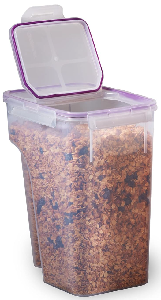 A frosted plastic storage container with a flip top lid that holds 22.8 cups of cereal. It's big and awesome 